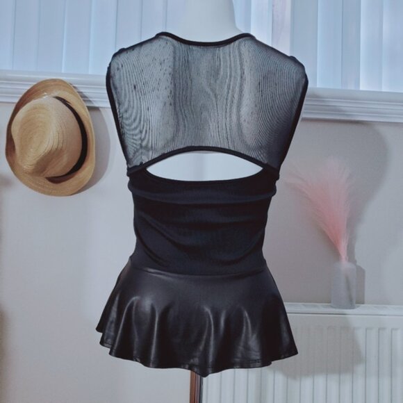 A'gaci Peplum Faux Leather Sweetheart Sheer top- Size Small - Picture 3 of 10